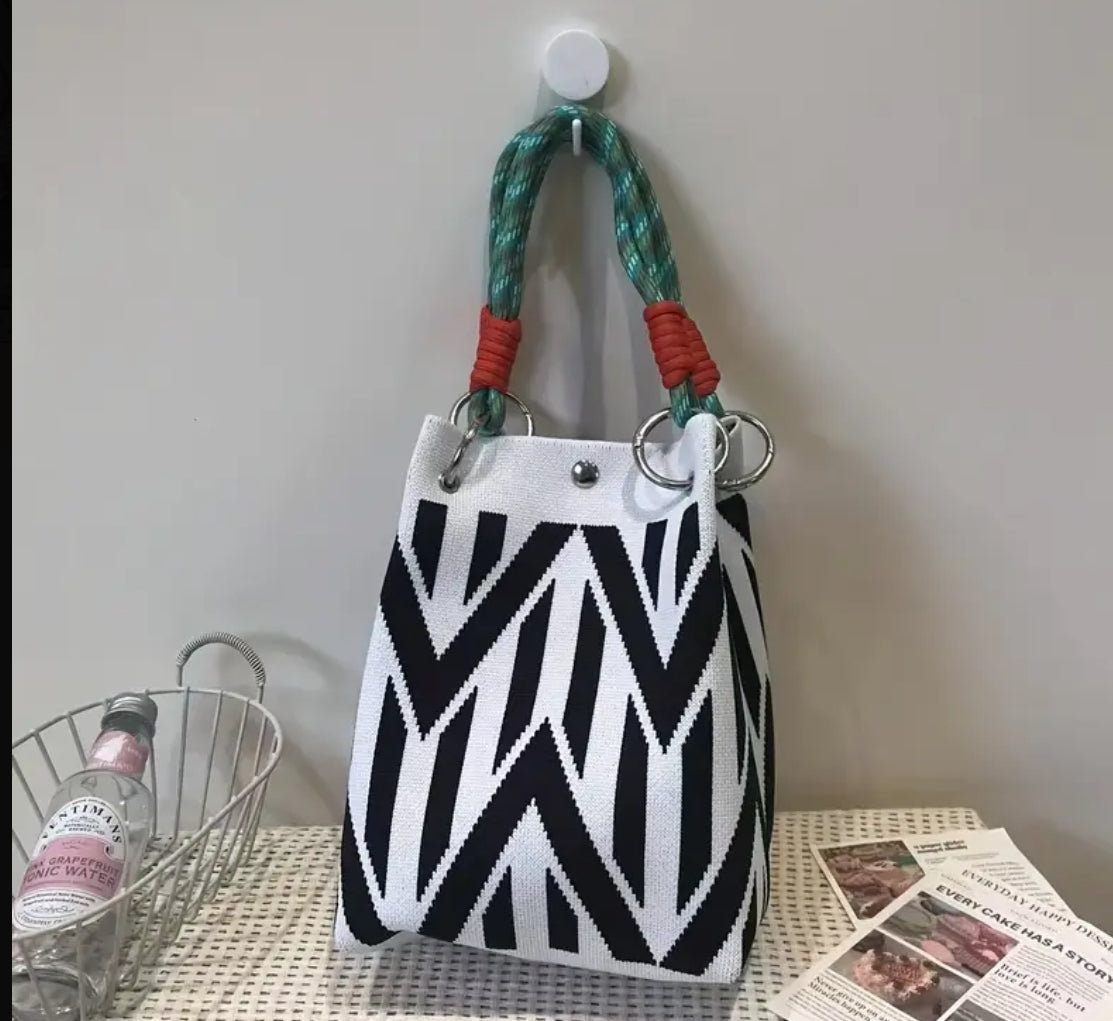 Bohemian Chic Bucket Style Handbag with Geometric or Polka Dots Woven Design