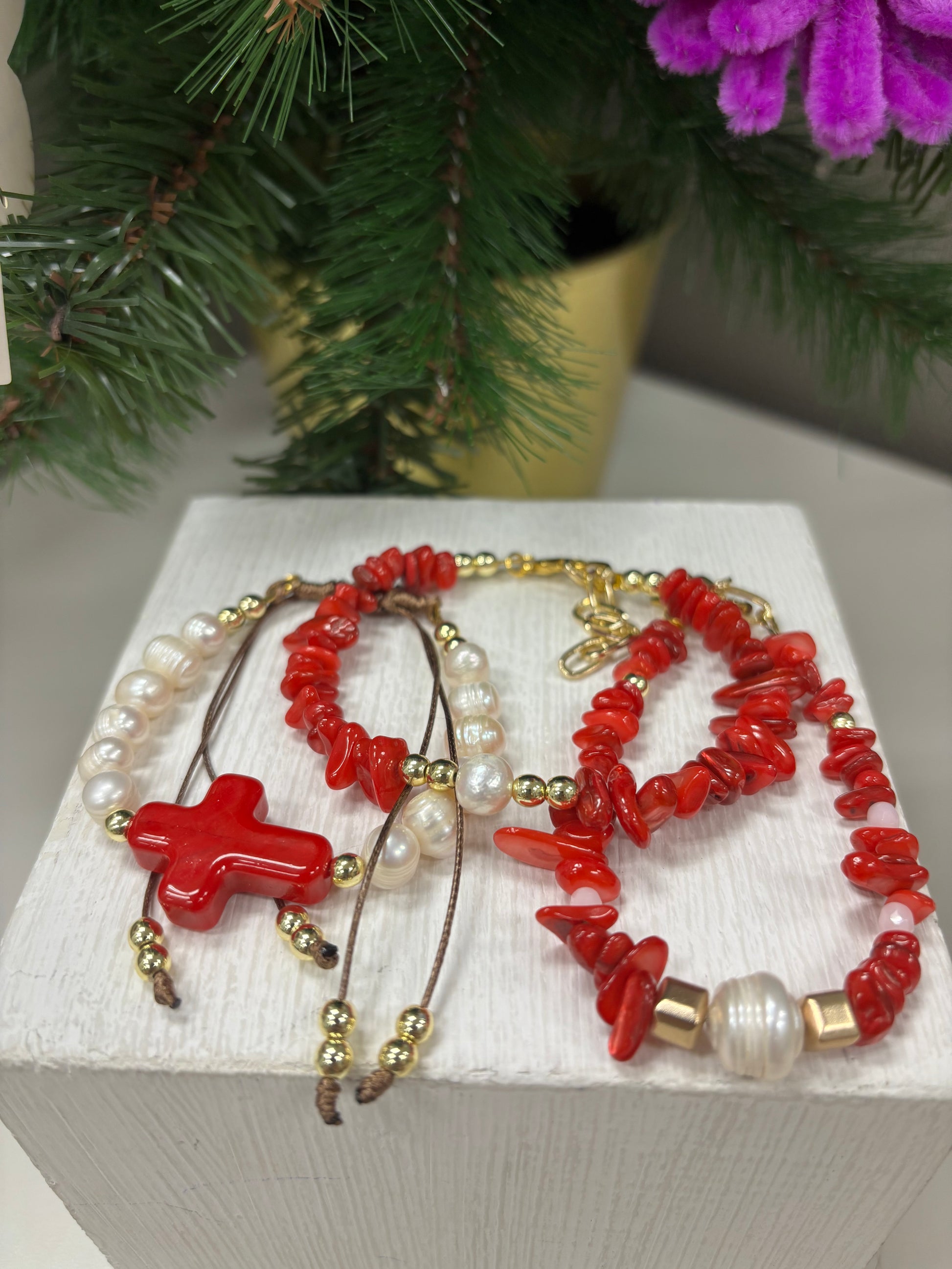 Red and White Bracelet Trio