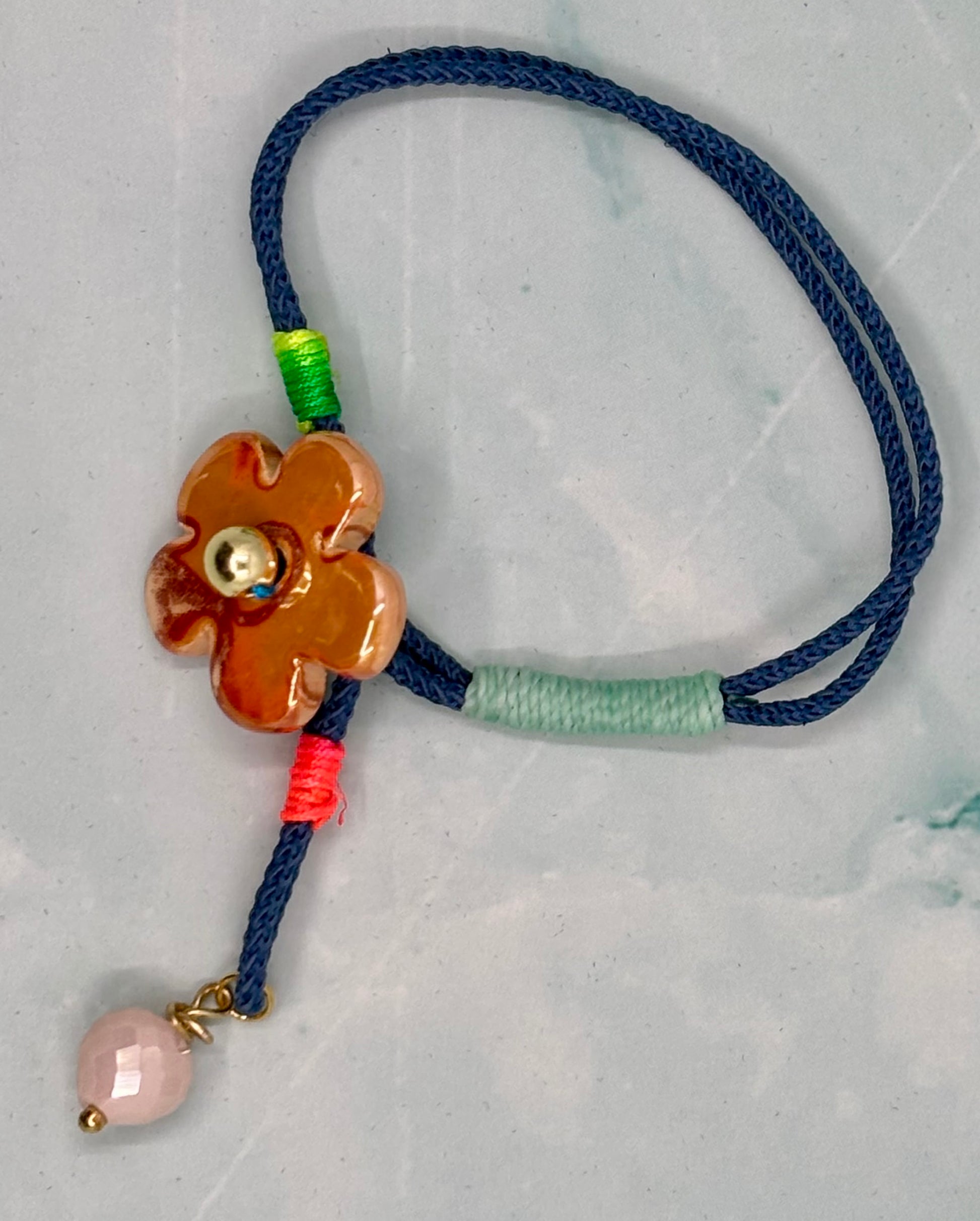 Handmade-Italian Cord and Thread Ceramic Flower Bracelet