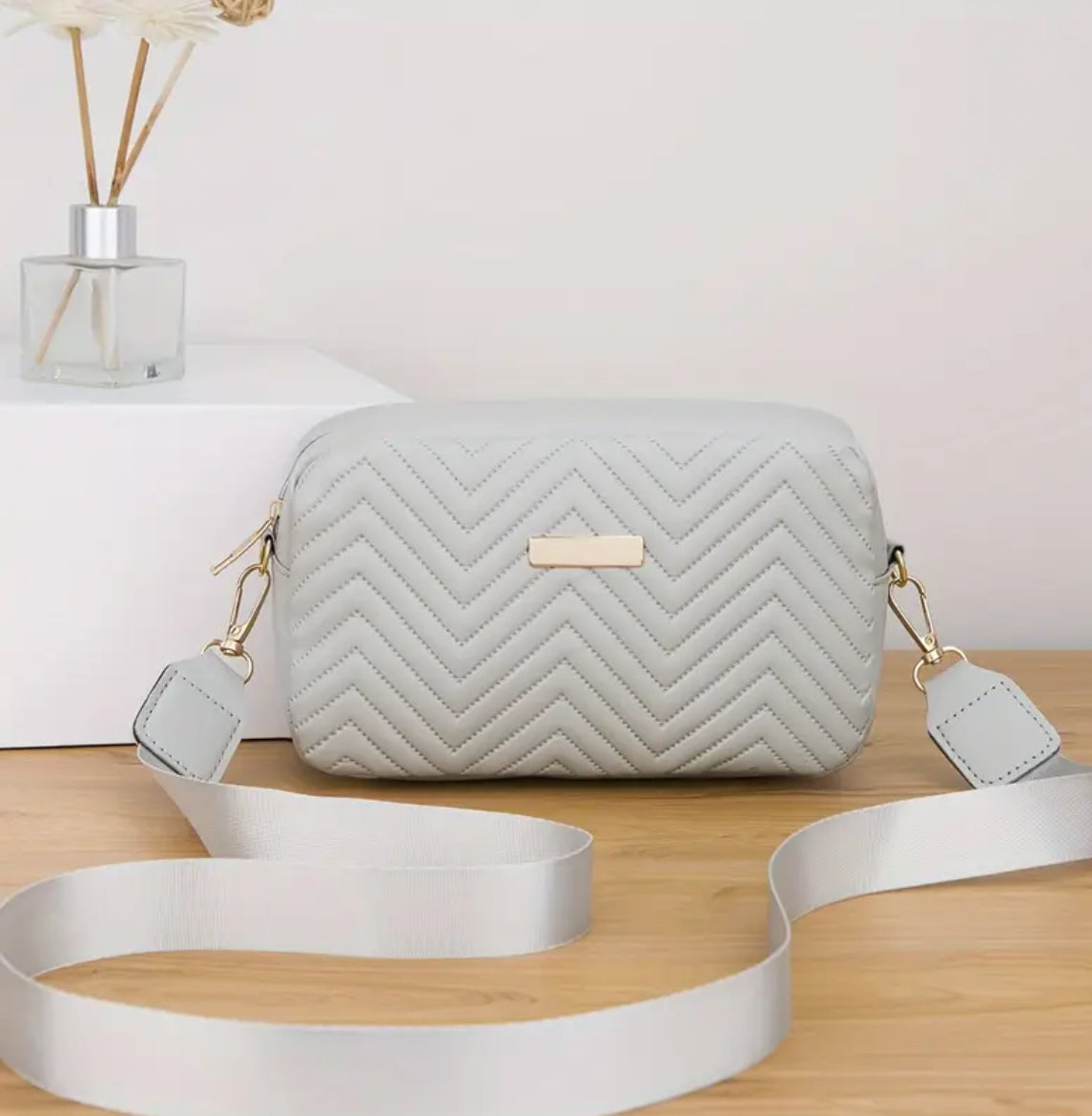 Quilted Crossbody Chevron Pattern Bag with Detachable Adjustable Strap