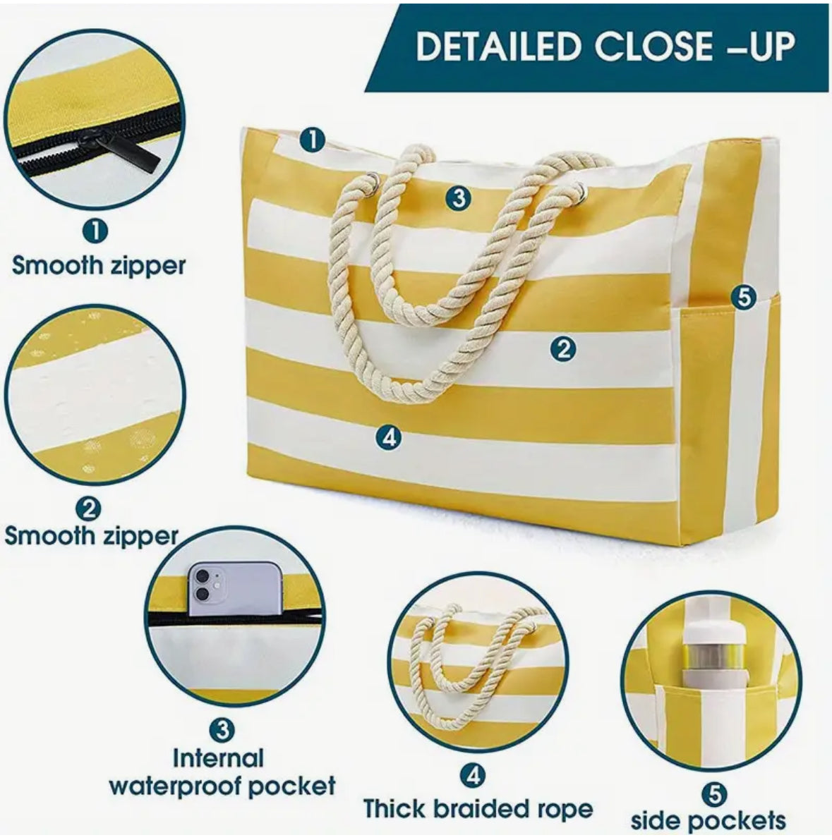 Striped Large Capacity Beach Tote Bag