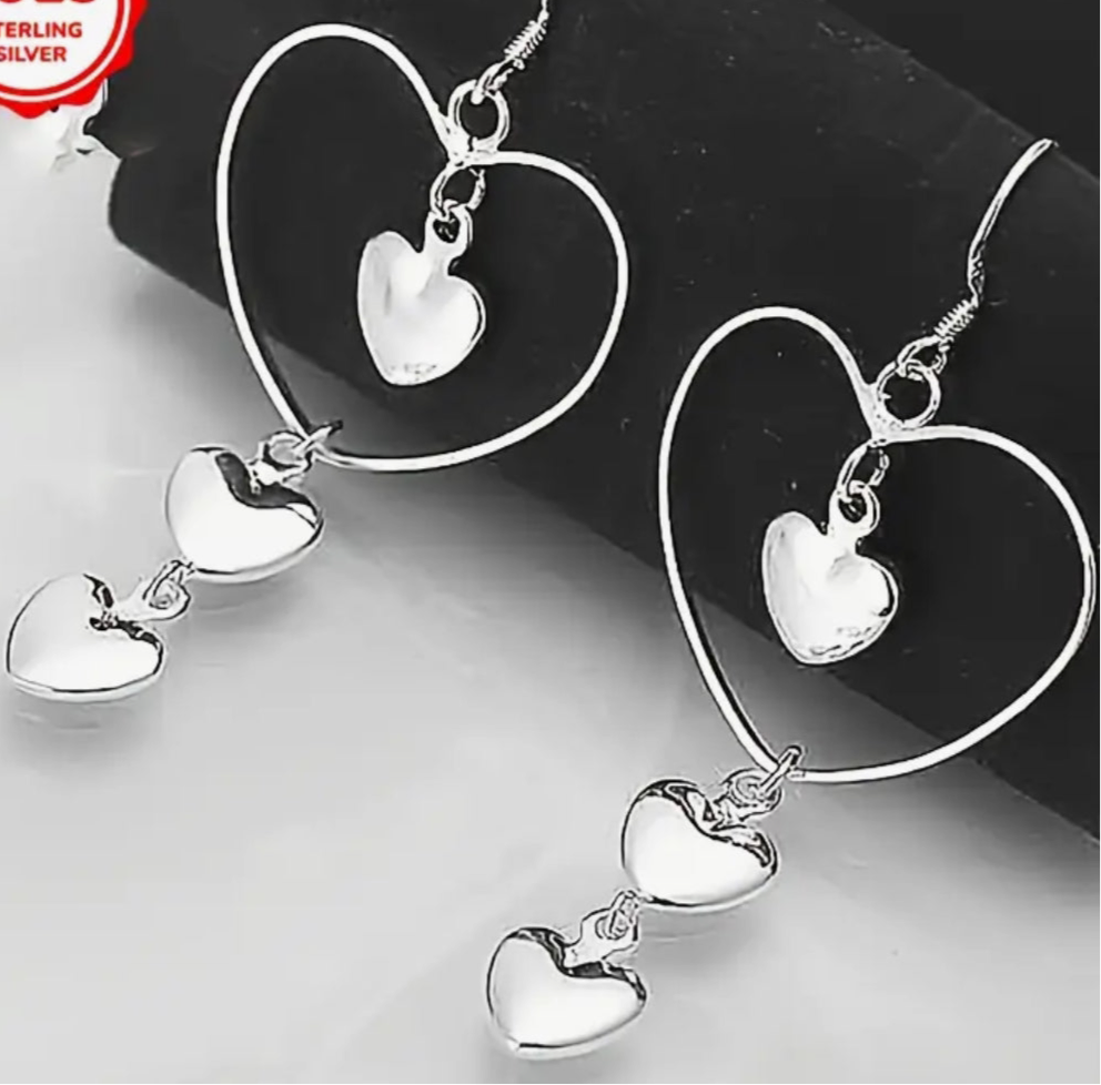 3-Heart Earrings - Silver Plated