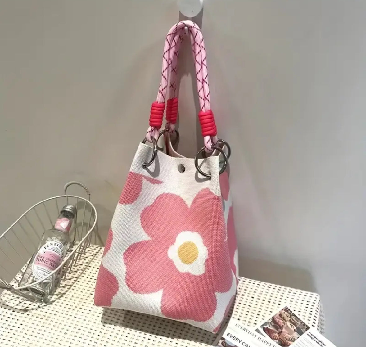 Bohemian Chic Handbag with Flowers Woven Design