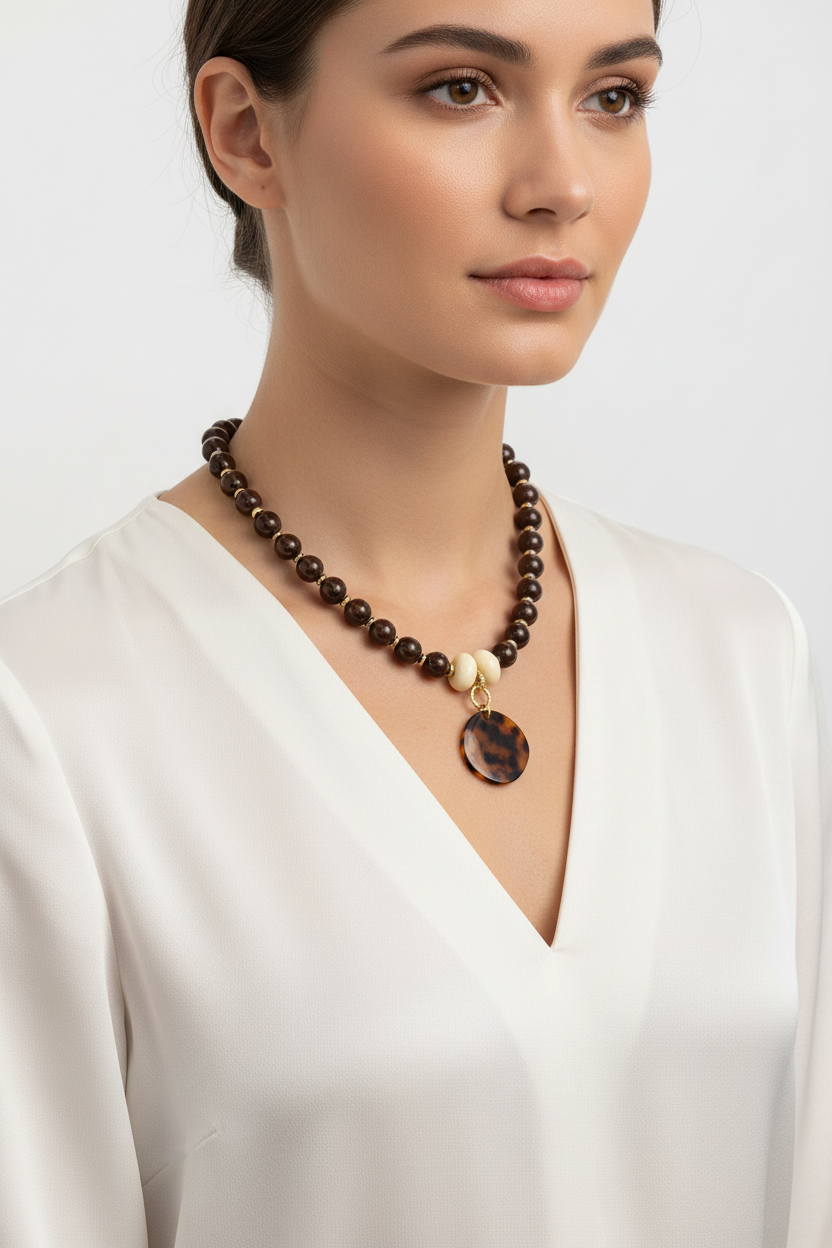 “Tortoise Shell” Pendant Elastic Beaded Necklace