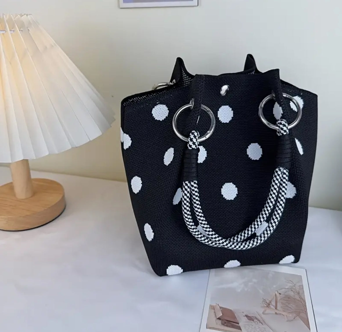 Bohemian Chic Bucket Style Handbag with Geometric or Polka Dots Woven Design