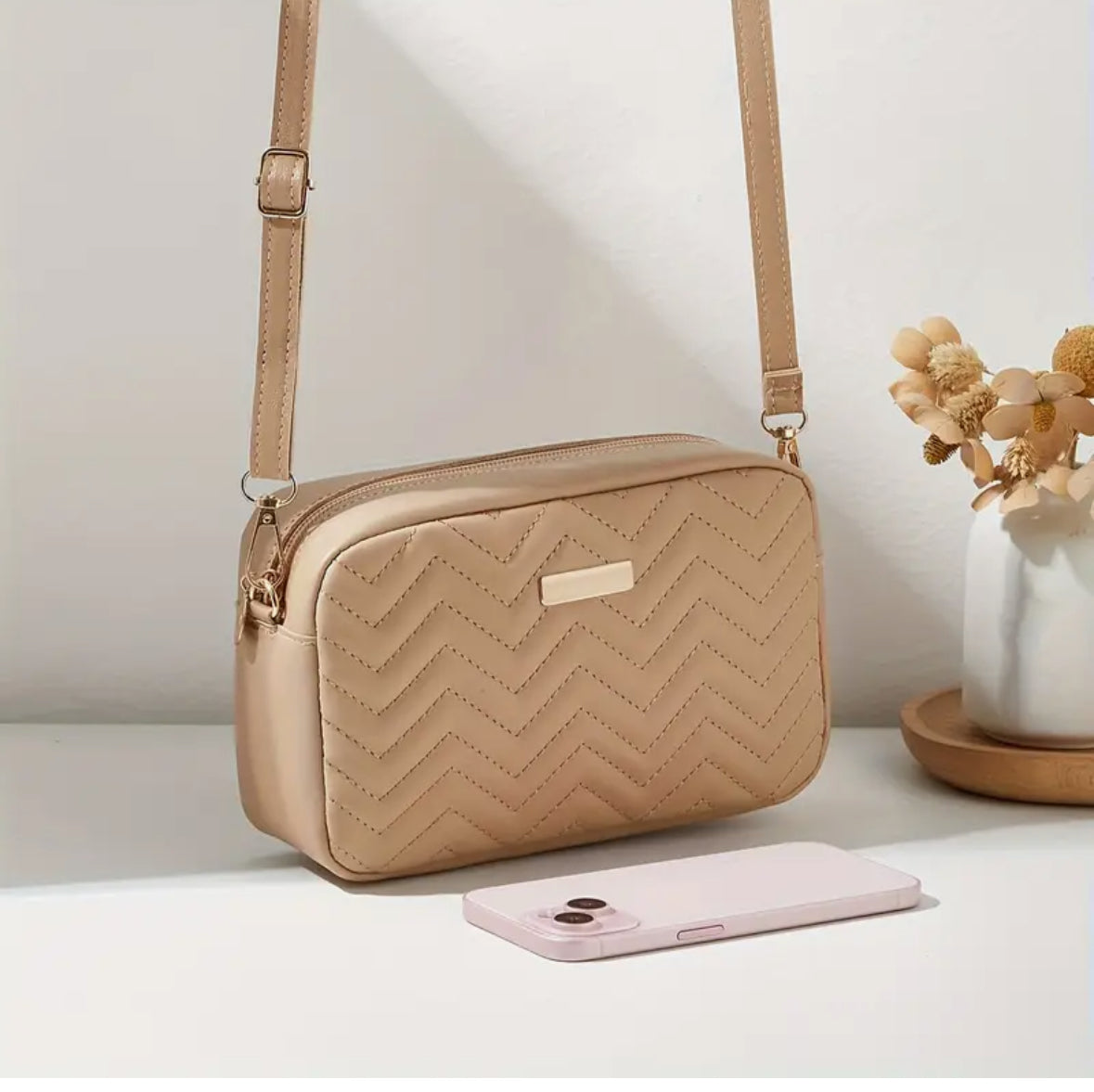 Quilted Crossbody Chevron Pattern Bag with Detachable Adjustable Strap