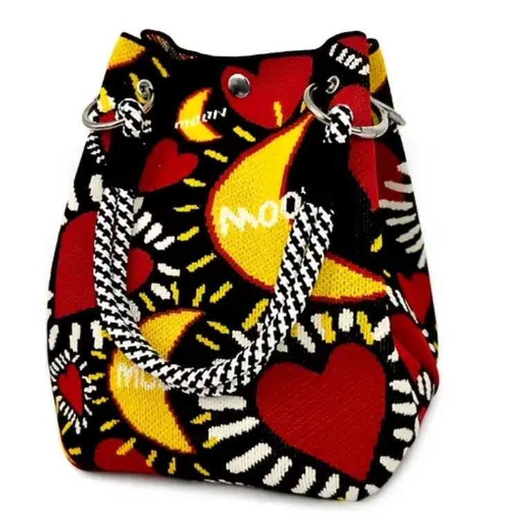 Bohemian Chic Bucket Style Handbag with Geometric or Polka Dots Woven Design