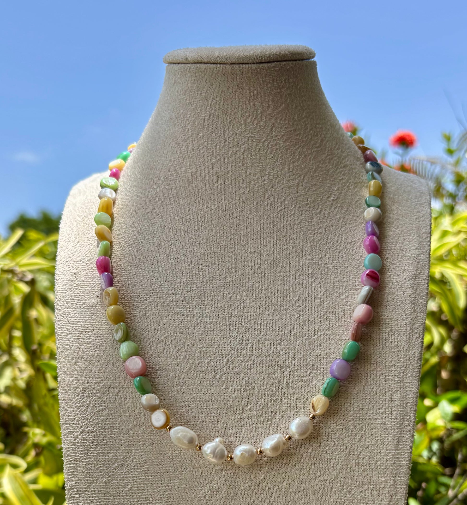 Freshwater Pearls and Colorful Shells Necklace