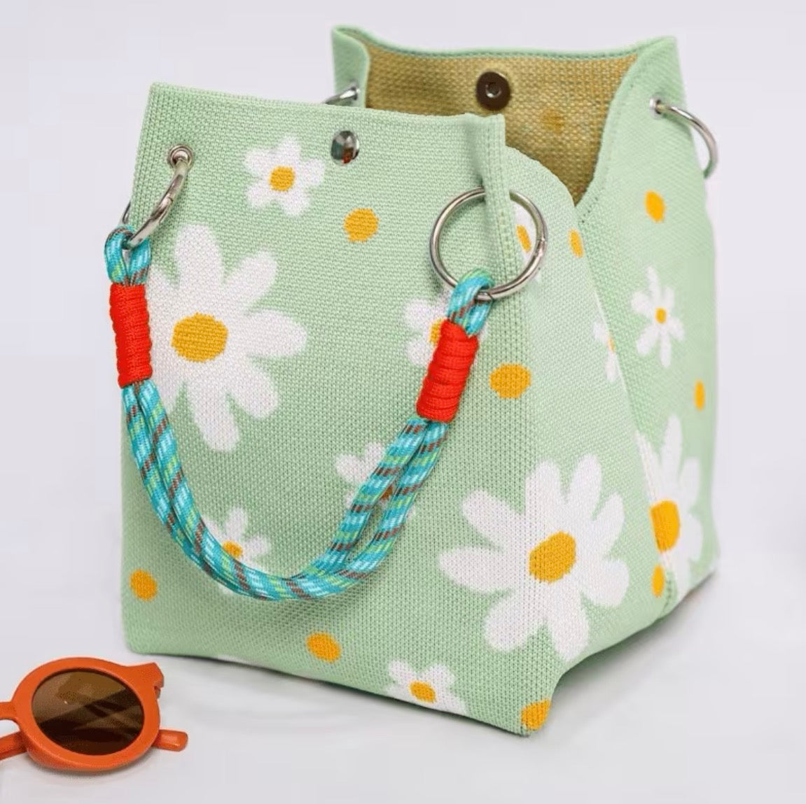 Bohemian Chic Bucket Style Handbag with Geometric or Polka Dots Woven Design