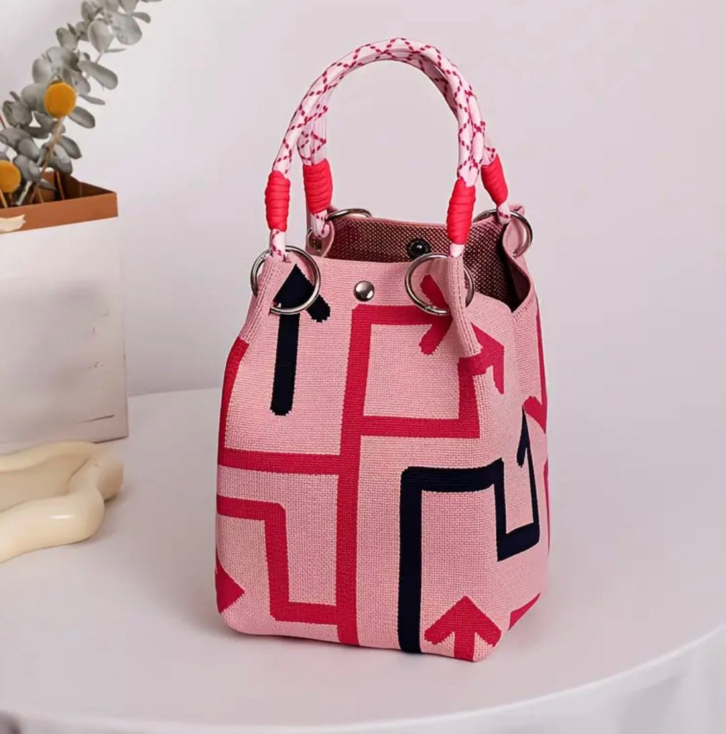 Chic Bucket Style Handbag with Geometric, Stripes, Polka Dots or Different Woven Designs