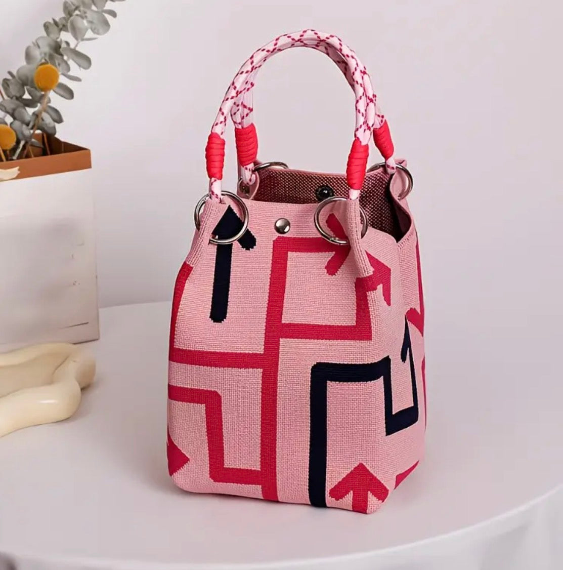 Chic Bucket Style Handbag with Geometric, Stripes, Polka Dots or Different Woven Designs