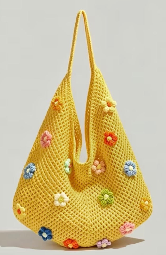 Woven Shoulder Bag with 3D Colorful Flowers