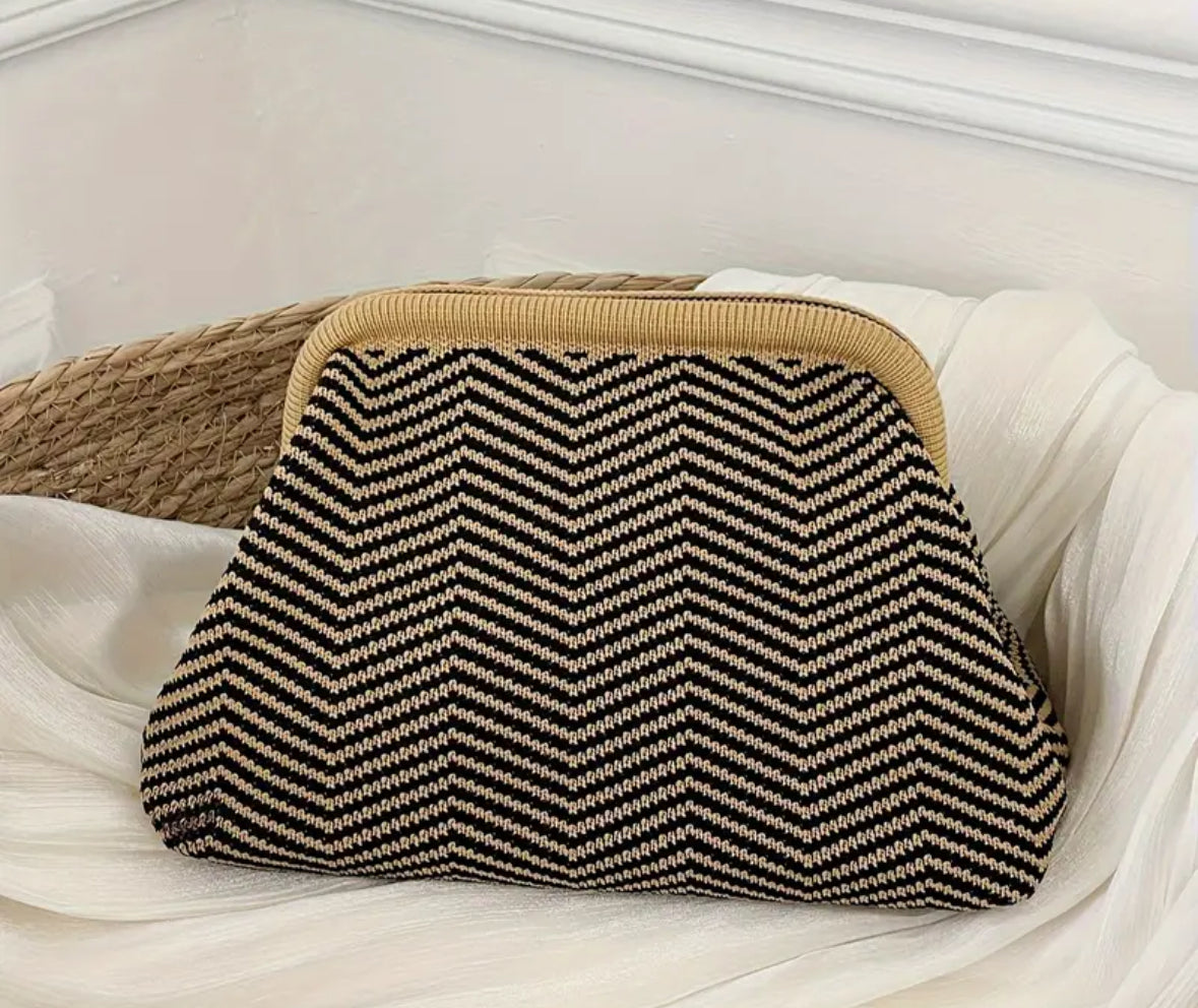 Elegant Black Coffee Chevron Knit Clutch