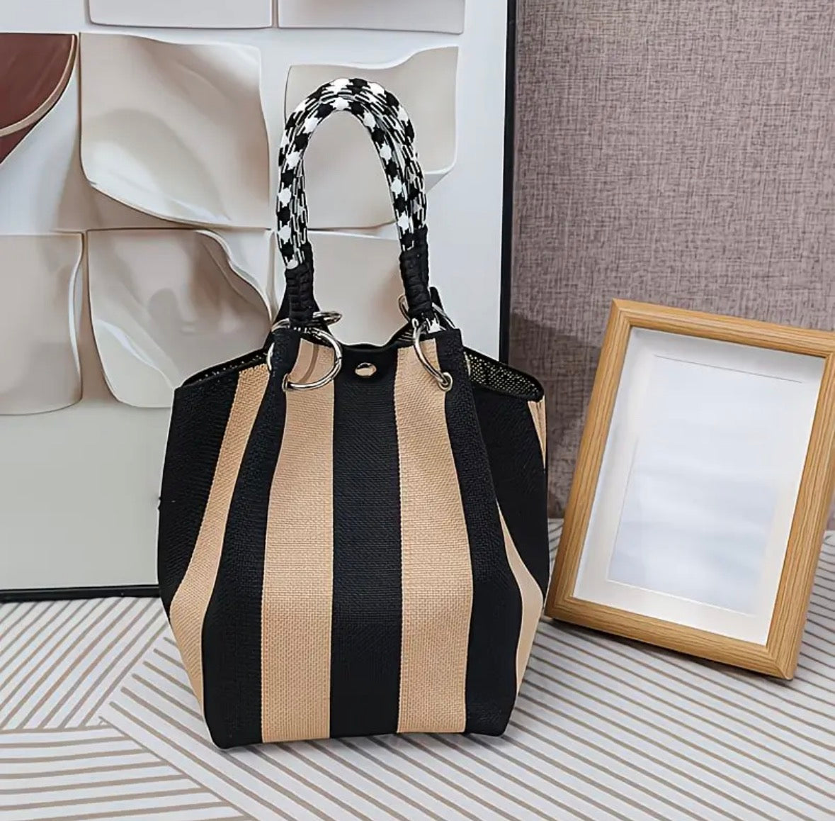 Chic Bucket Style Handbag with Geometric, Stripes, Polka Dots or Different Woven Designs