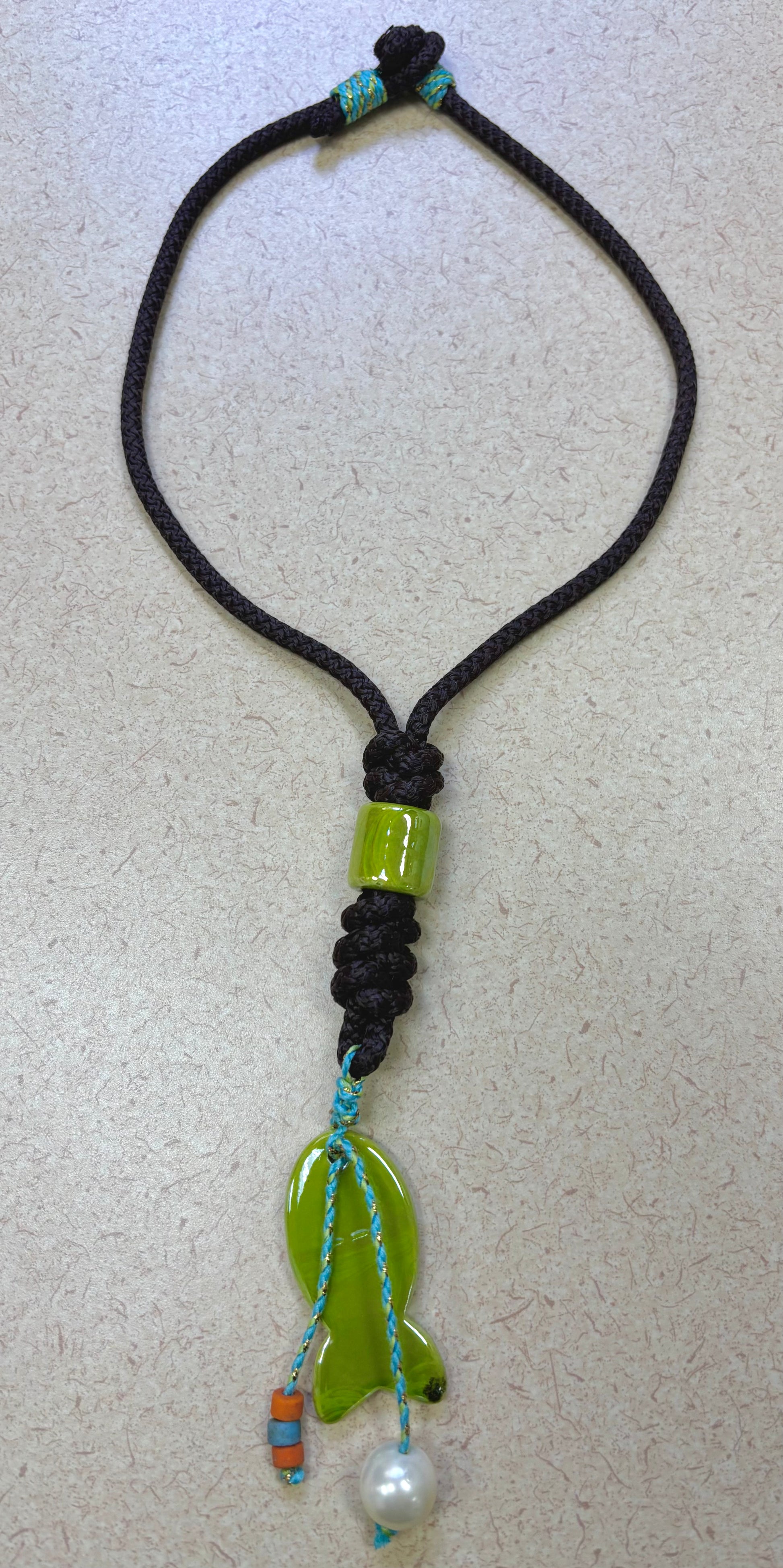 Brown Knotted Cord with Green Fish Pendant