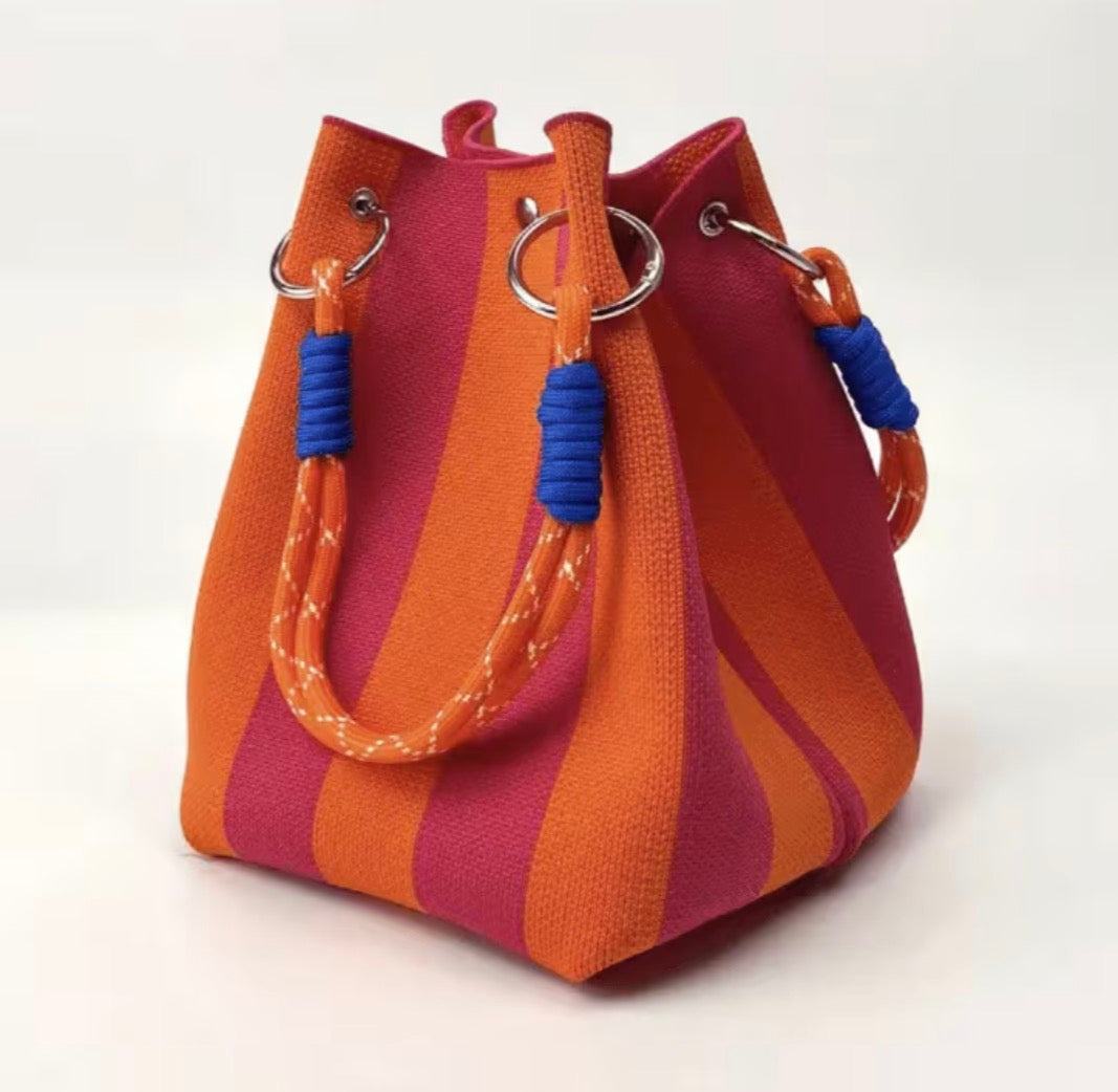 Chic Bucket Style Handbag with Geometric, Stripes, Polka Dots or Different Woven Designs