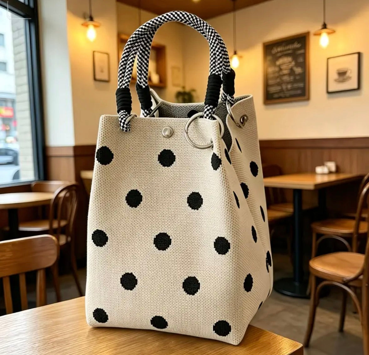 Chic Bucket Style Handbag with Geometric, Stripes, Polka Dots or Different Woven Designs