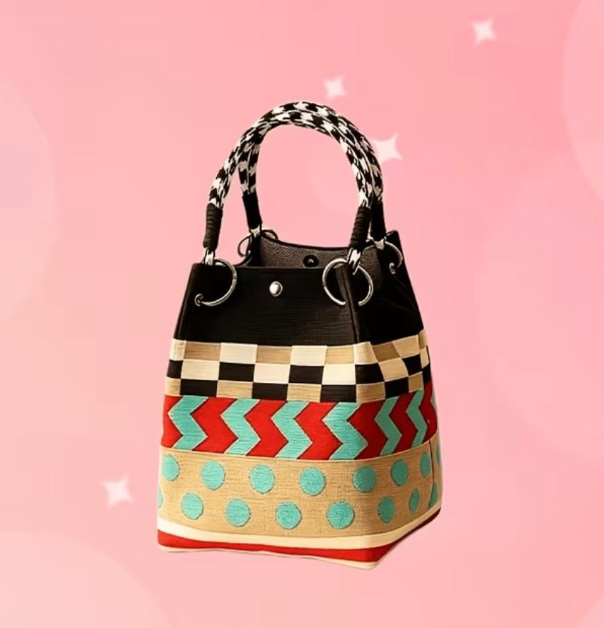 Chic Bucket Style Handbag with Geometric, Stripes, Polka Dots or Different Woven Designs