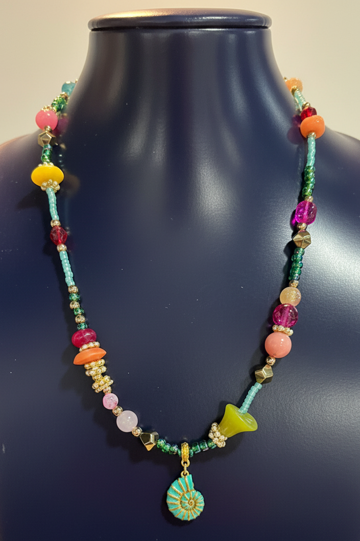 Colorful Crystal Necklace with Shell pendant