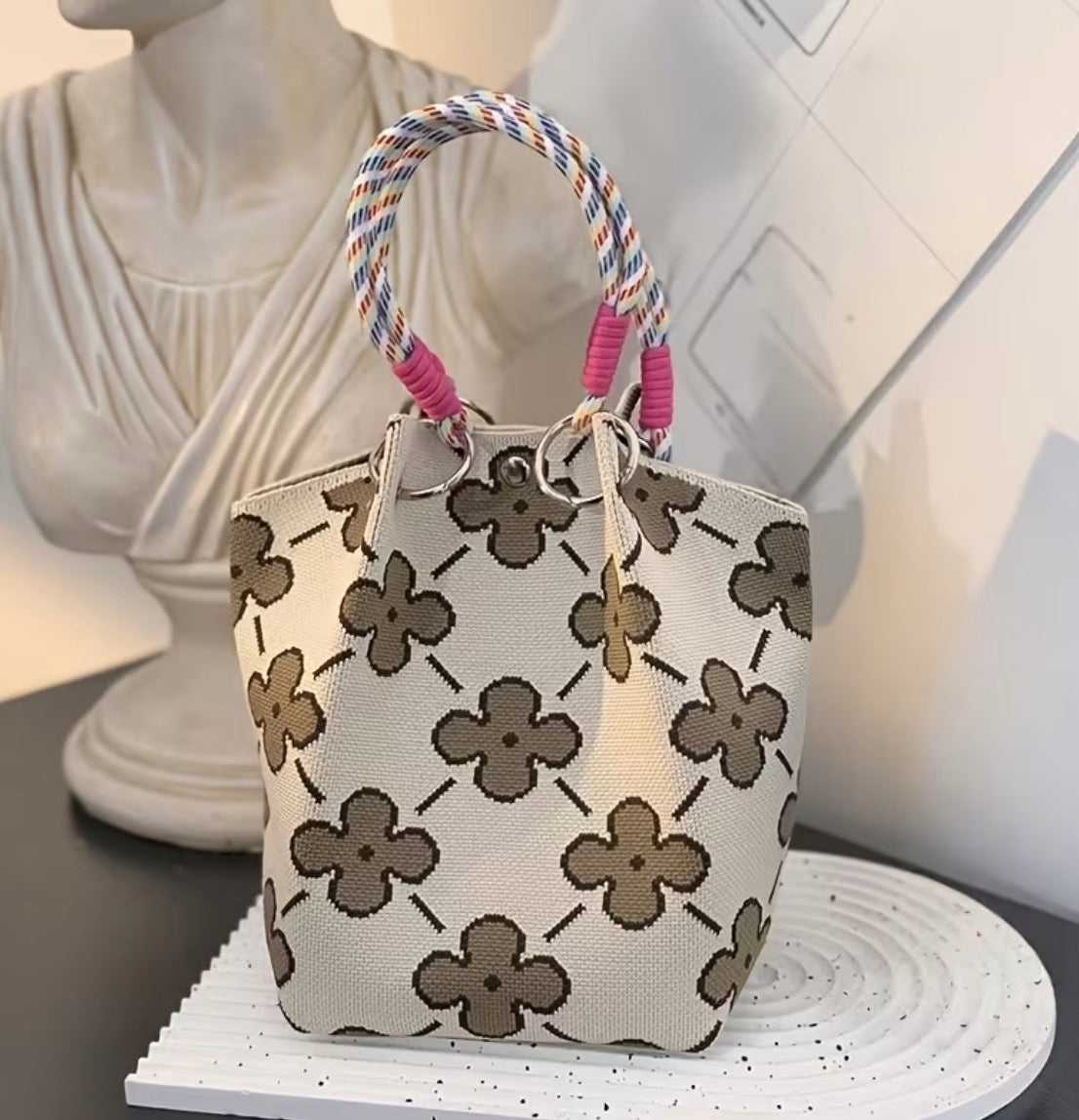 Bohemian Chic Bucket Style Handbag with Geometric or Polka Dots Woven Design