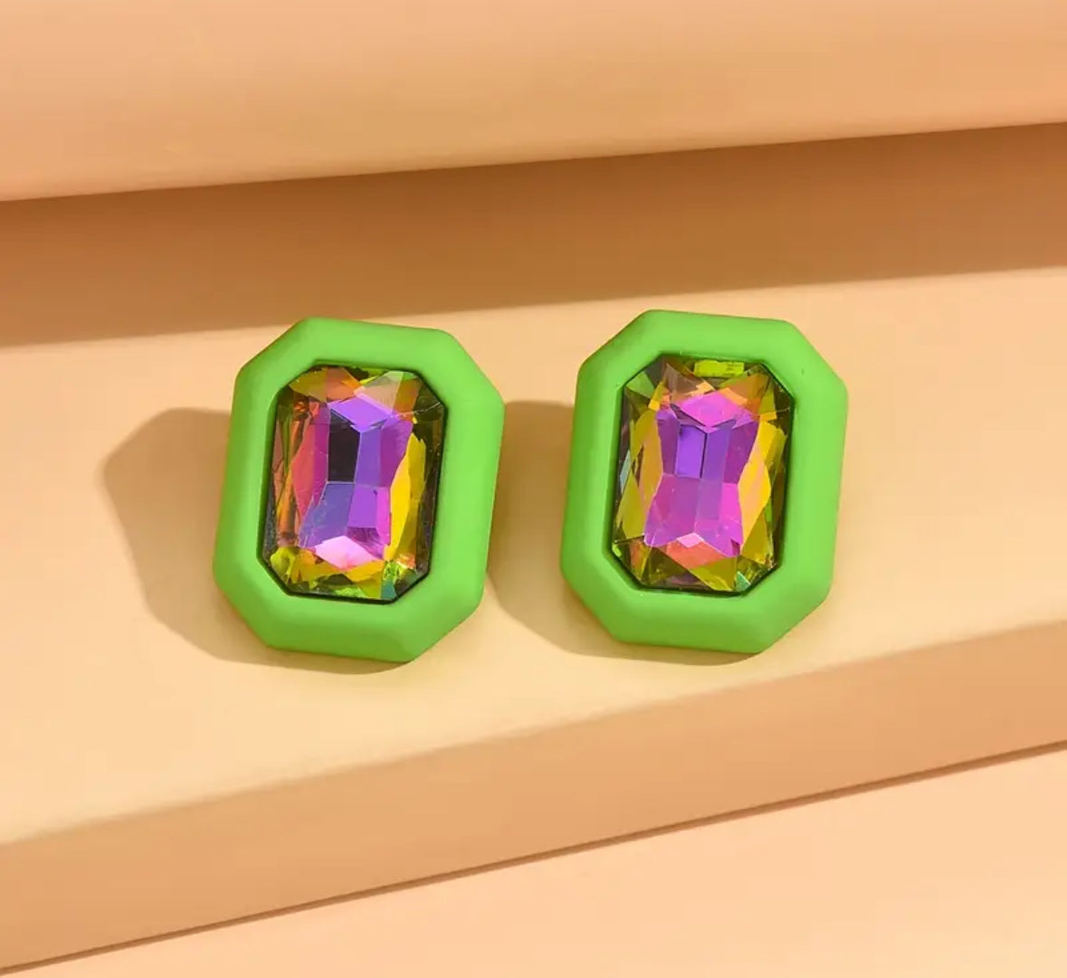 Enameled Rectangle Rhinestone Earrings