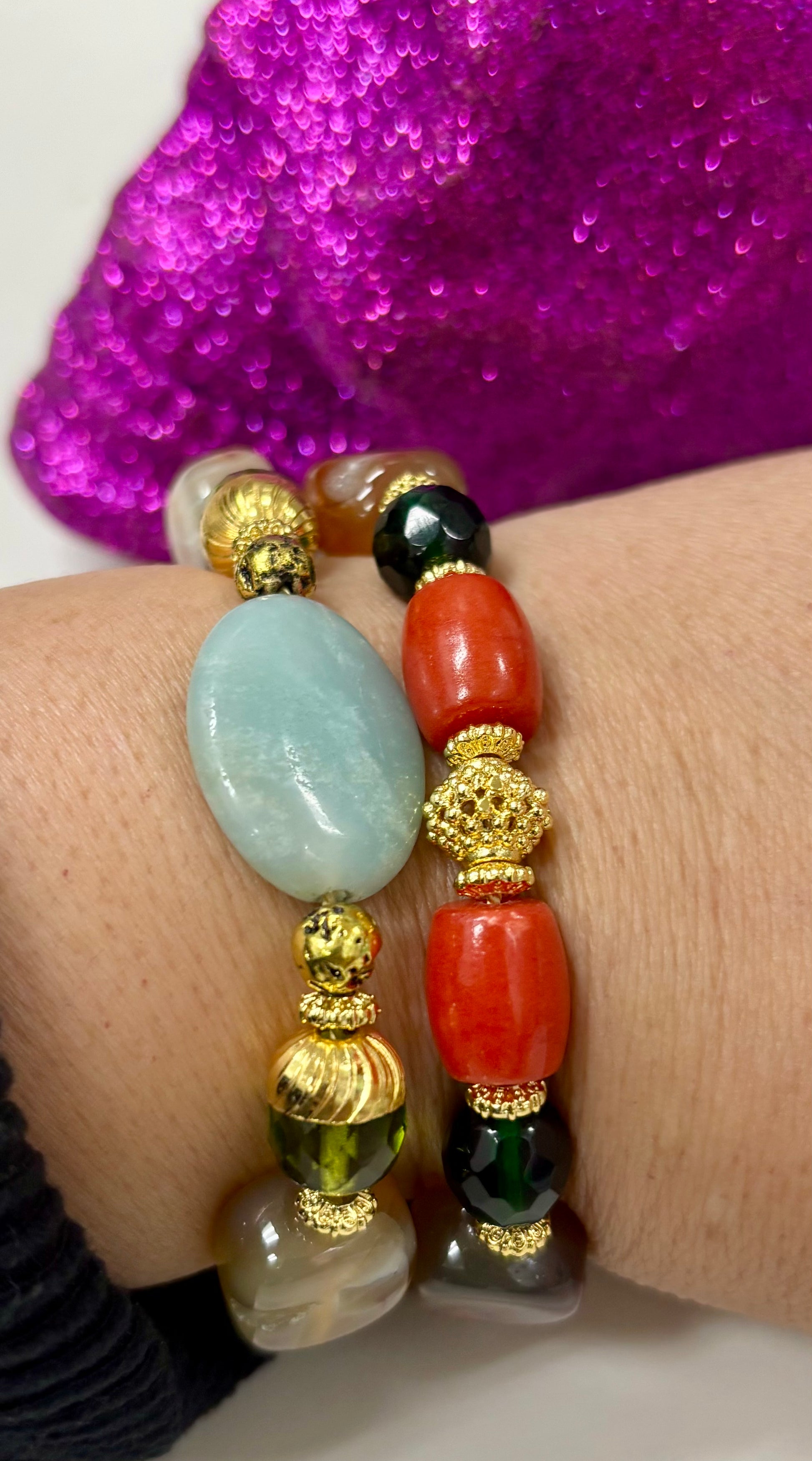 Jade and Coral Adjustable Bracelets