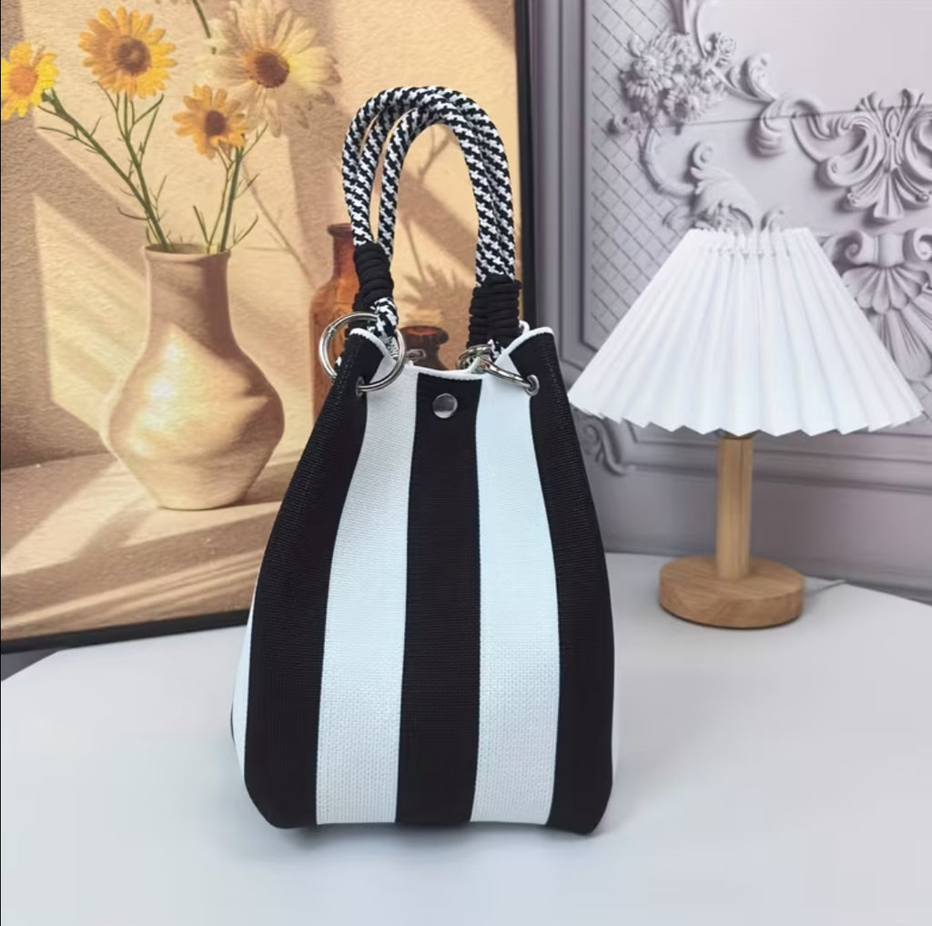Bohemian Chic Bucket Style Handbag with Geometric or Polka Dots Woven Design