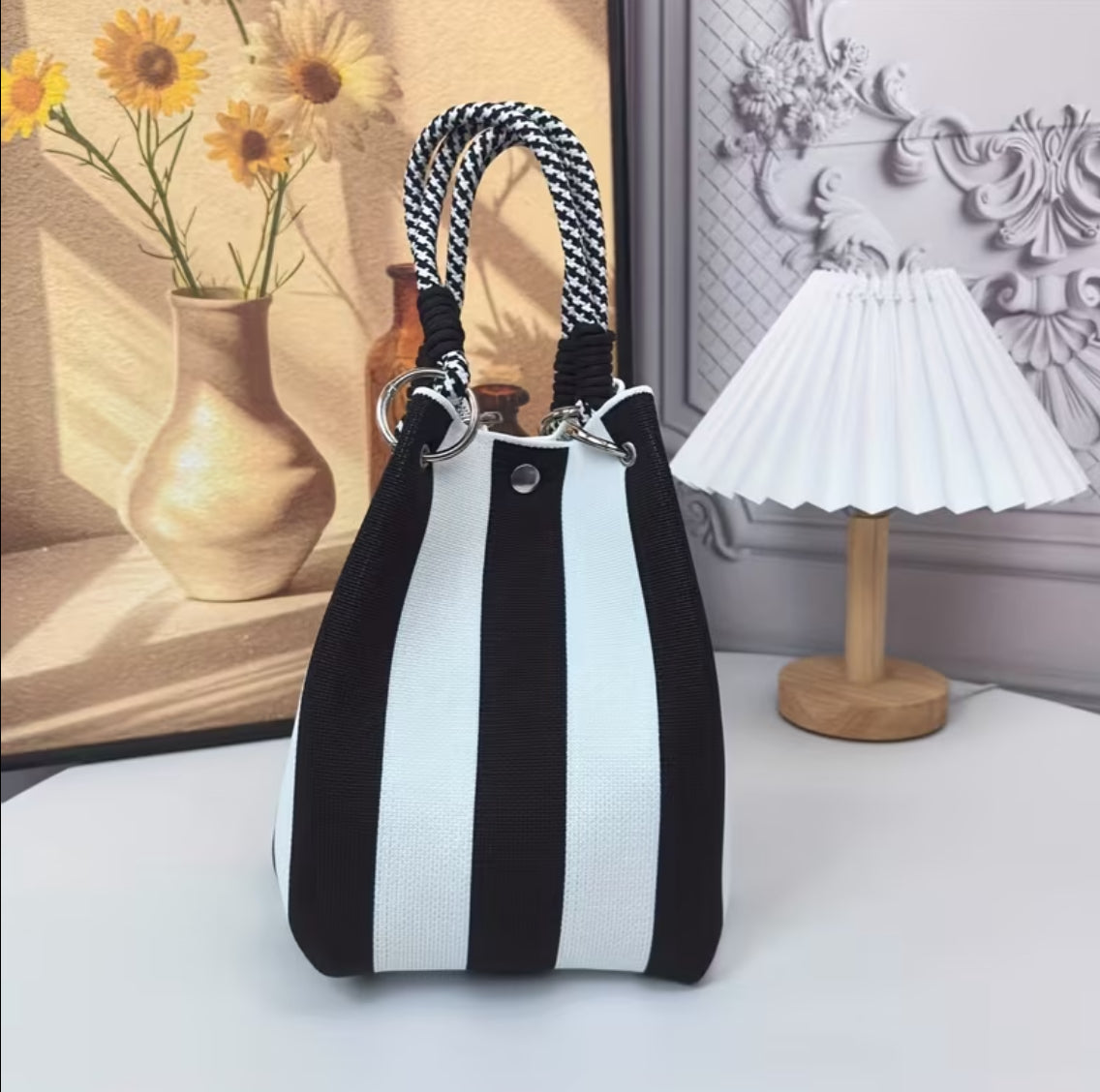 Bohemian Chic Bucket Style Handbag with Geometric or Polka Dots Woven Design