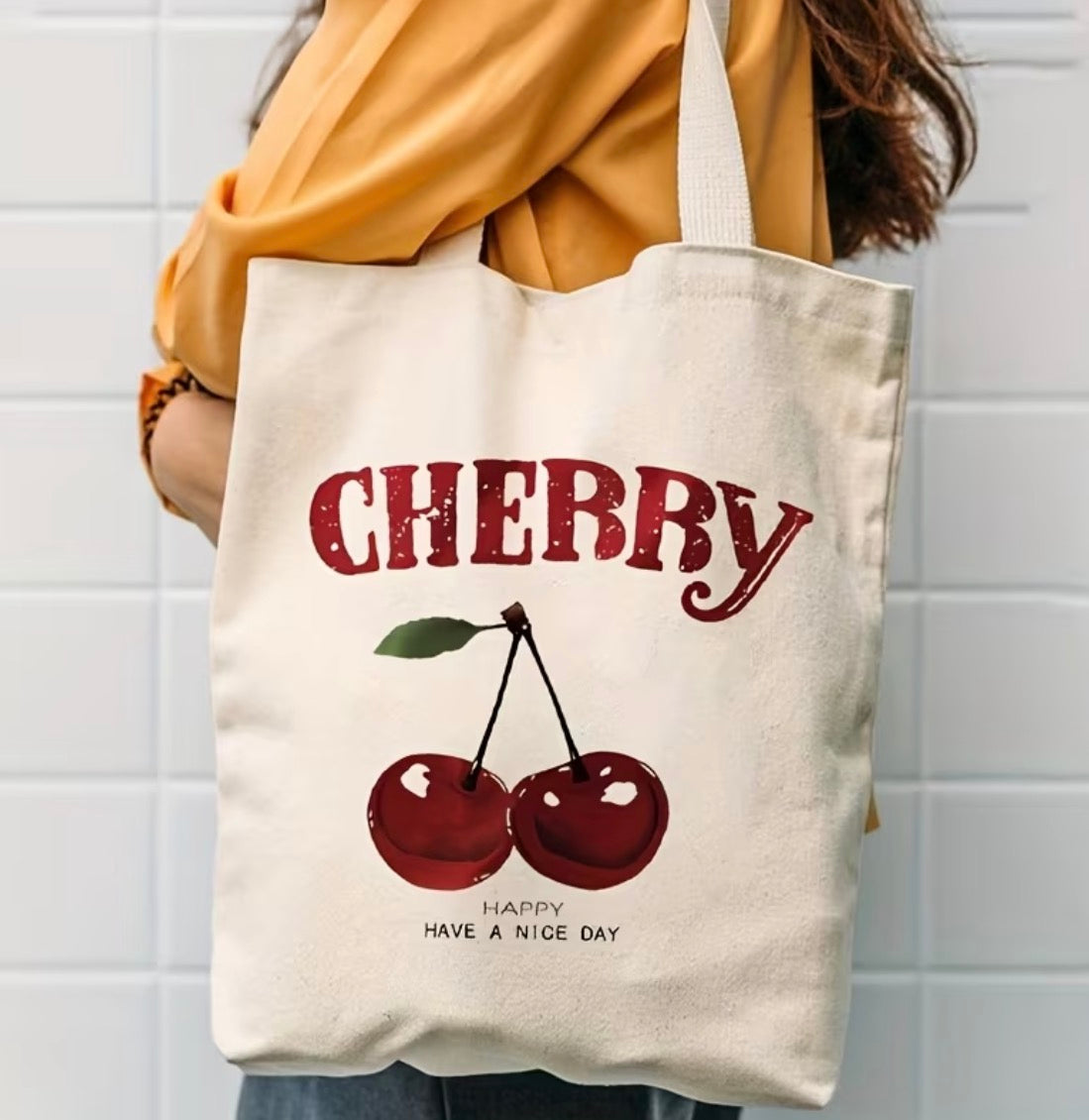 Cherry Print Canvas Tote Bag