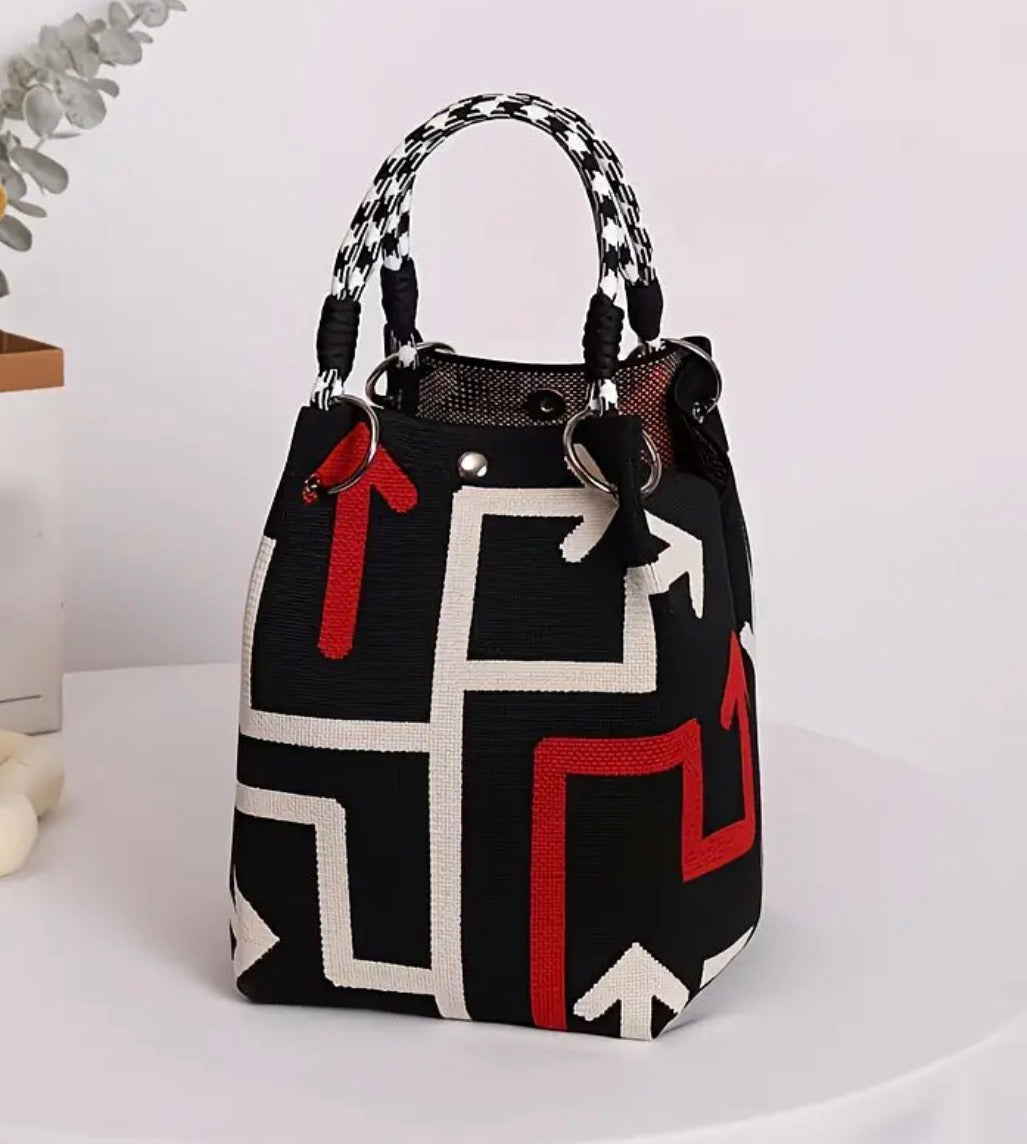 Chic Bucket Style Handbag with Geometric, Stripes, Polka Dots or Different Woven Designs